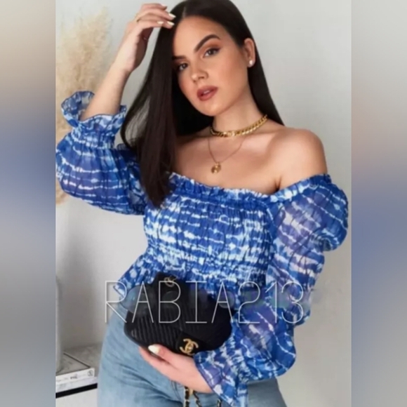ZARA holiday party Coastal Feminine Boho Blue Tie Dye ruched Cropped Blouse M - Picture 1 of 10
